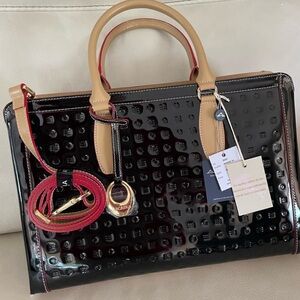 ARCADIA Italian Leather BLACK with Tan embossed shoulder bag, handbag, tote NWT